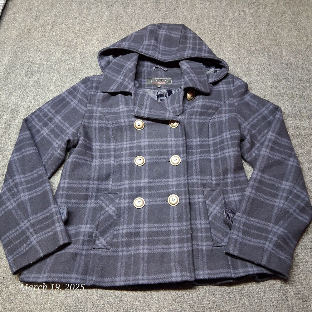 Giacca IGallery Wool Coat Women Large Blue Plaid With Removable Hood